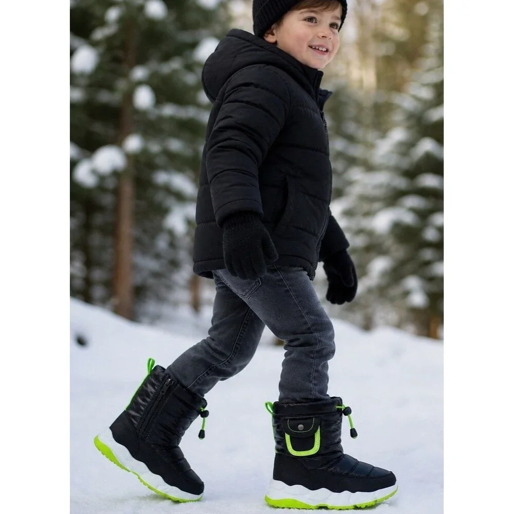 Kids Snow Boots Black Neon Green Insulated Waterproof Zip US 12 Toddler